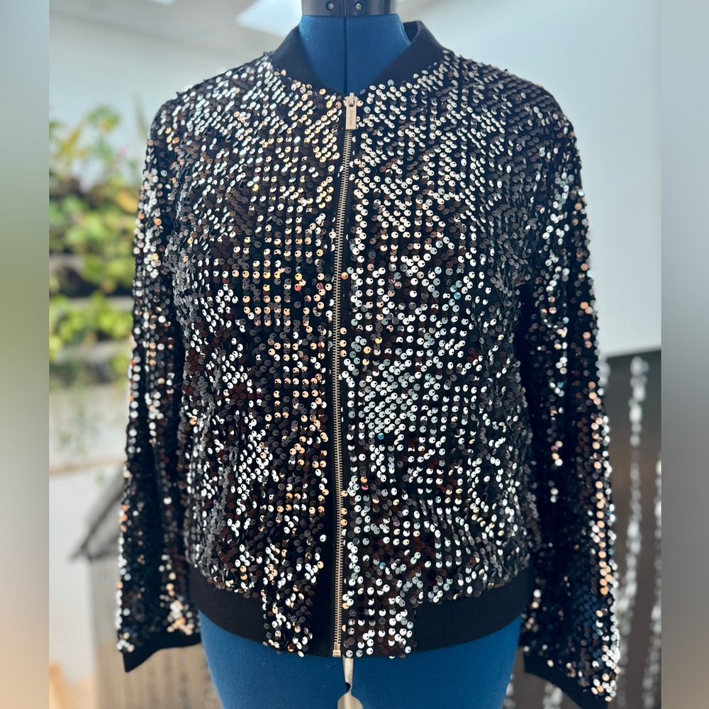 Sanctuary Black and Silver Sequin Bomber Jacket - Size L
